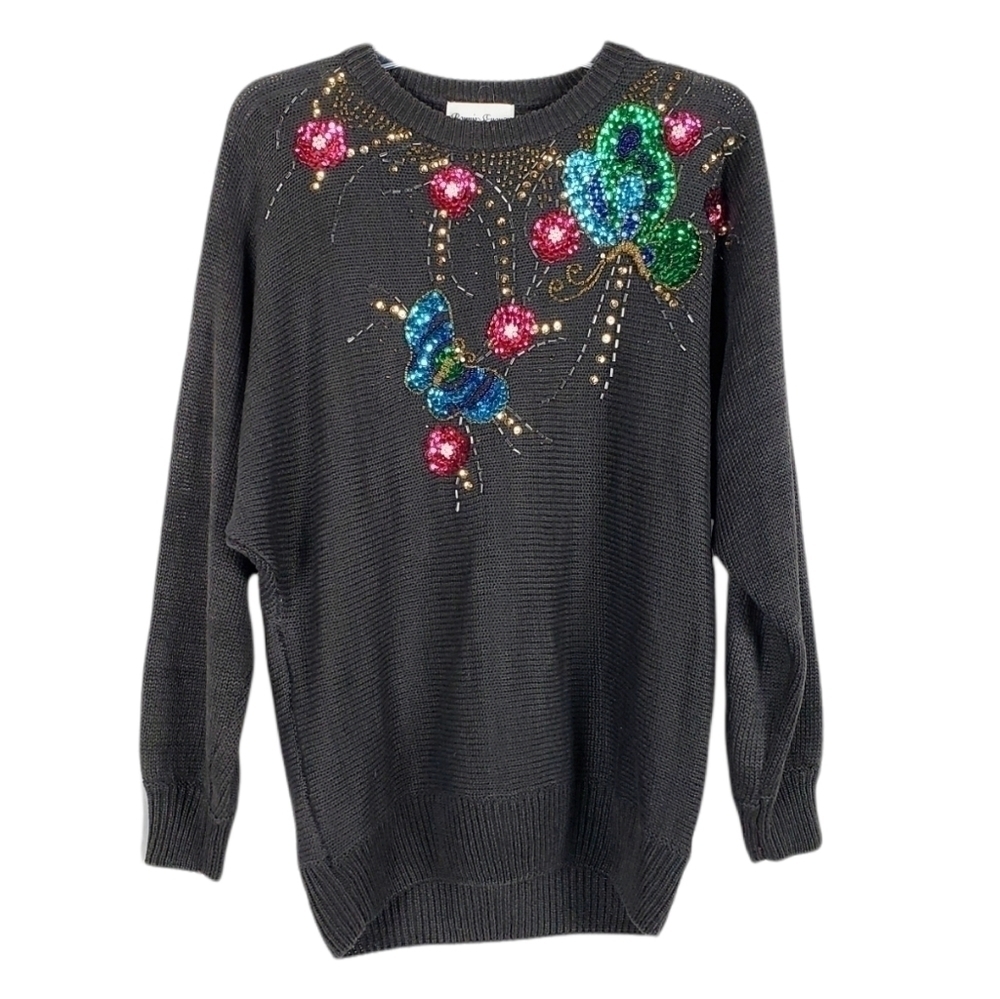VINTAGE sequin sweater butterfly floral